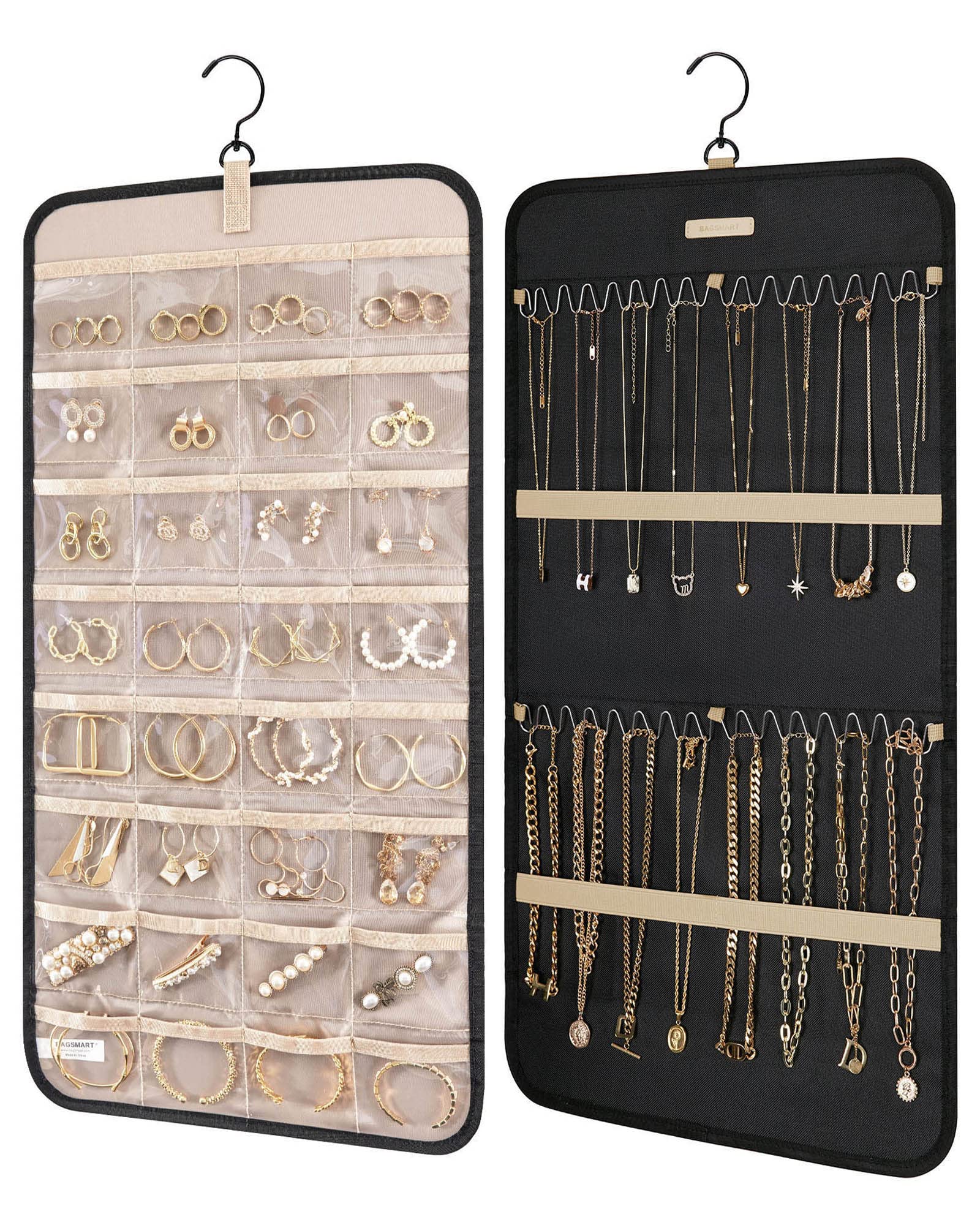 Hanging Jewelry Organizer Storage Roll with Hanger, Wall Mounted Necklace  Holder Display Hanging on Wall/Door for Girls Women, Metal Hooks